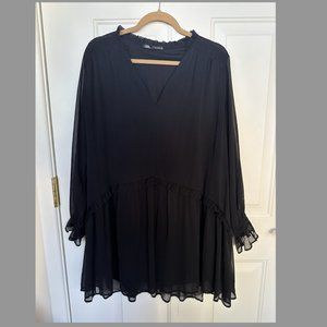 Zara Womens Black Long Sleeve Shirt with Ruffle Cuffs & Bottom, Size: M, EUC